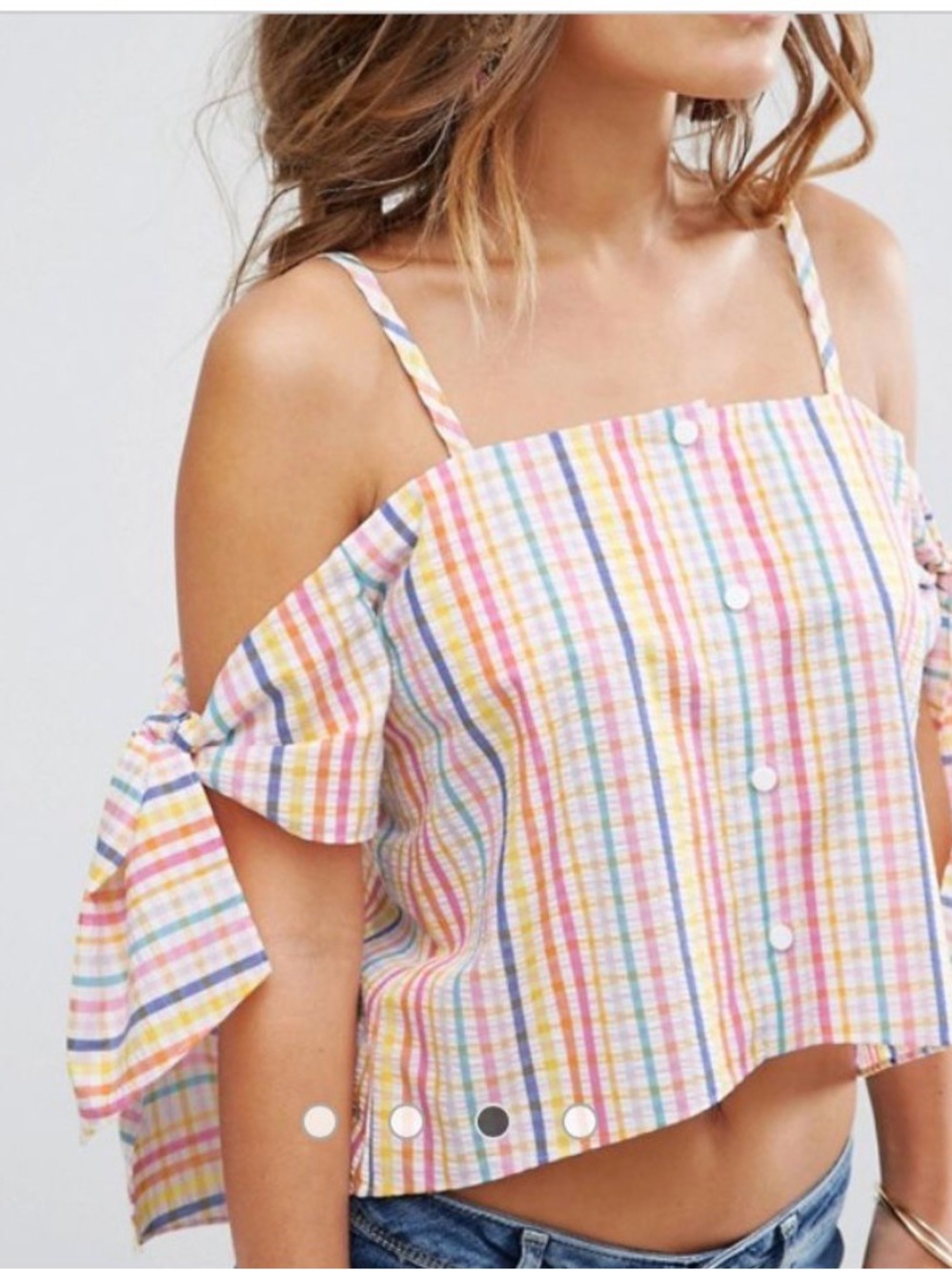 ASOS Multi-Color Pastel Gingham Plaid Cold-Shoulder Crop Top